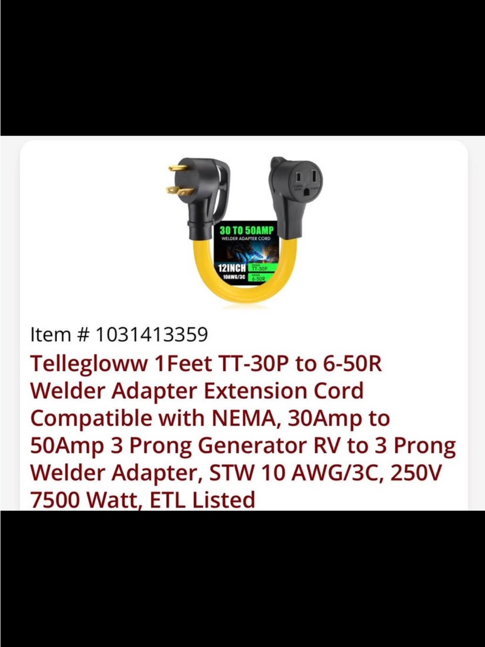 Yellow TT-30P to 6-50R Welder Adapter Extension Cord